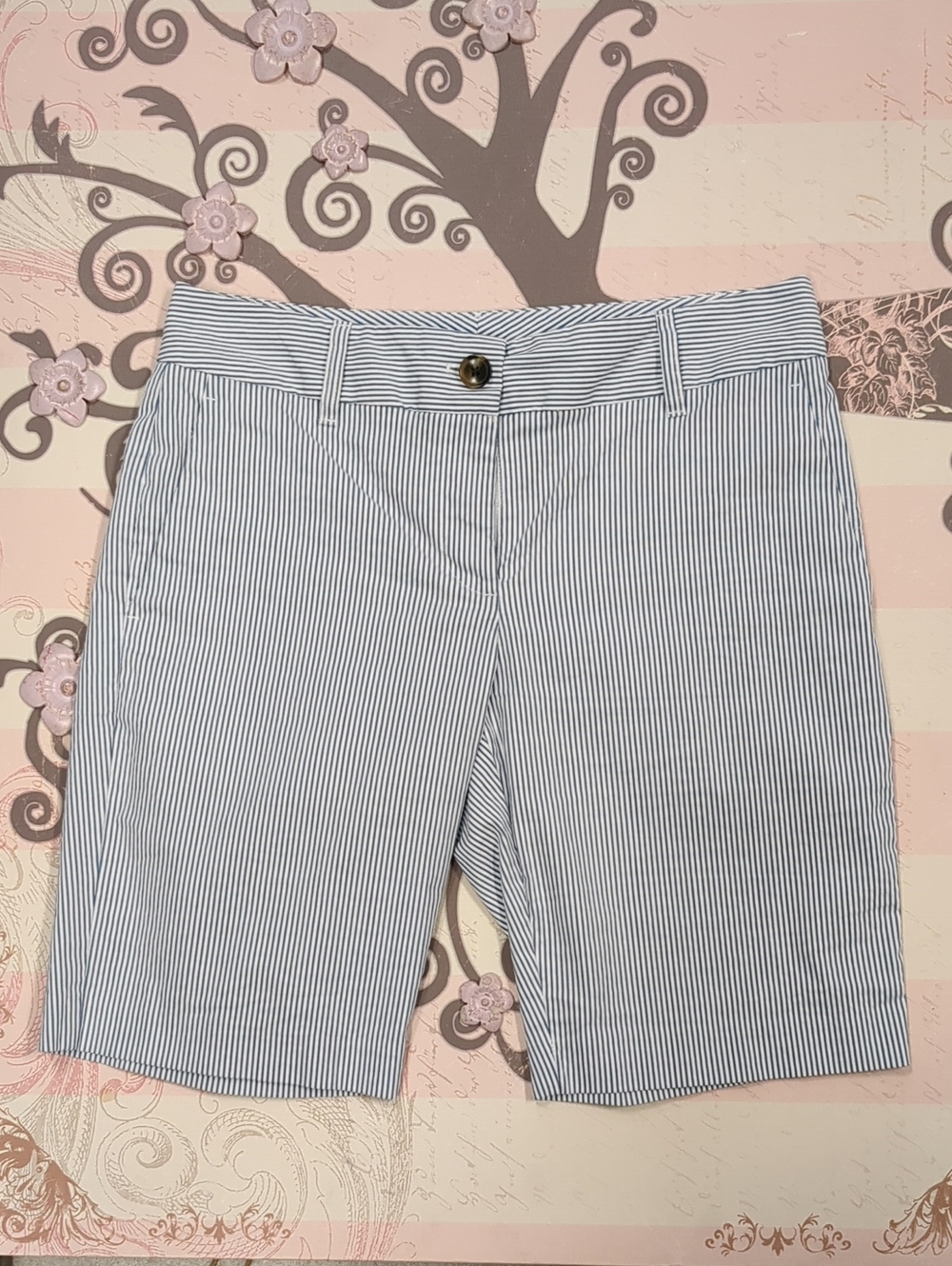 Ann Taylor Factory Navy & White Pinstripe Bermuda Shorts
